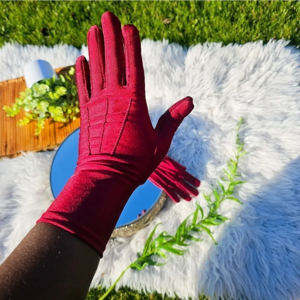 Stylish Burgandy Spandex Faux Leather Blend Statement Gloves.